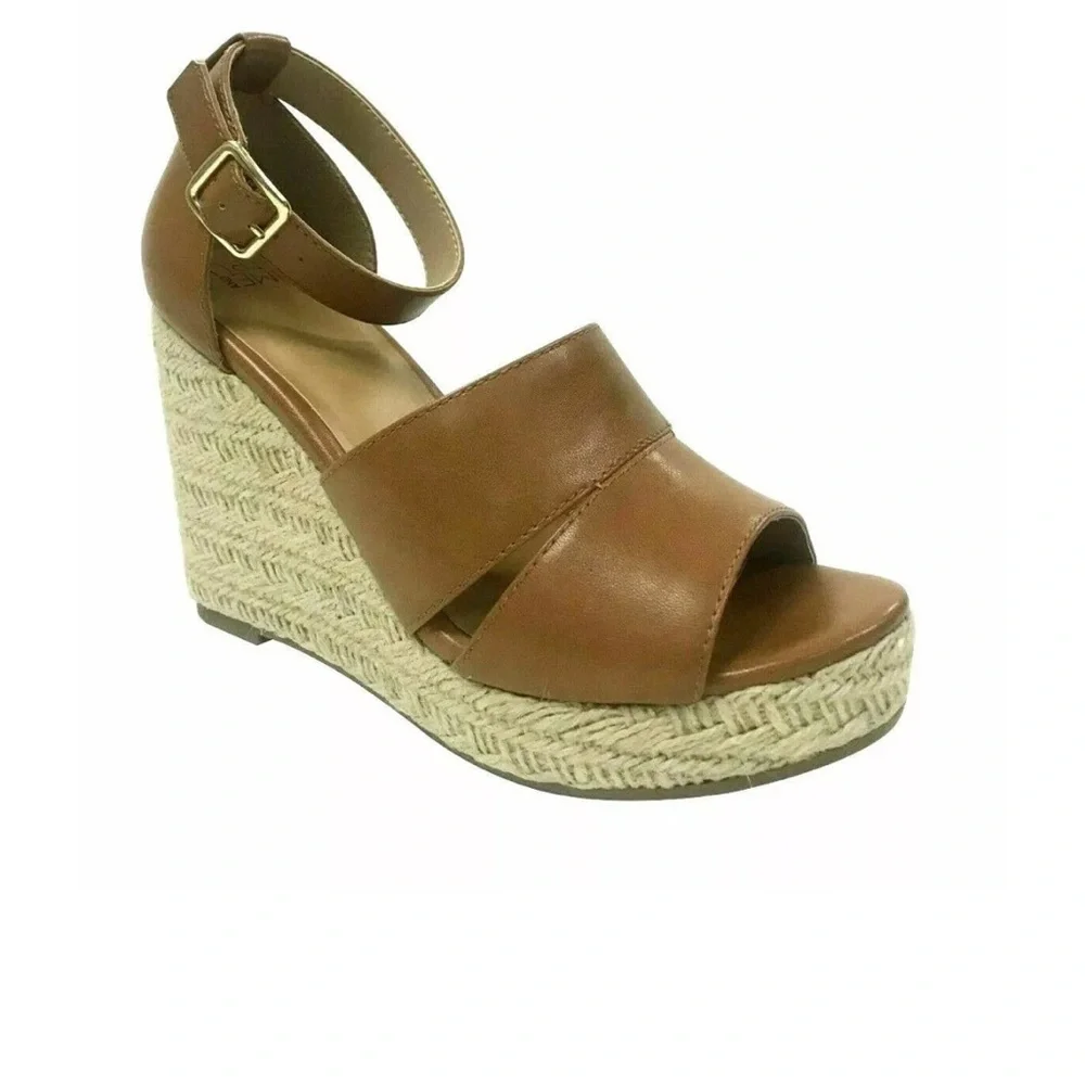EUC TRU AND TIME LADIES WEDGE/PLATFORM OPENTOE HIGH HEEL SANDAL Tan Size 8